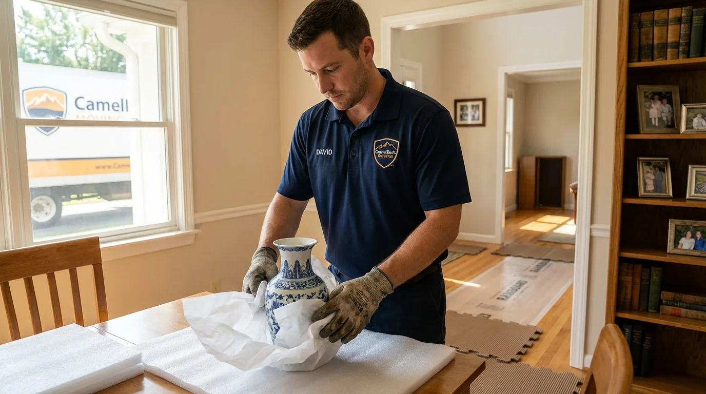 Professional crew carefully wrapping antique vase for senior downsizing move in Montverde, FL
